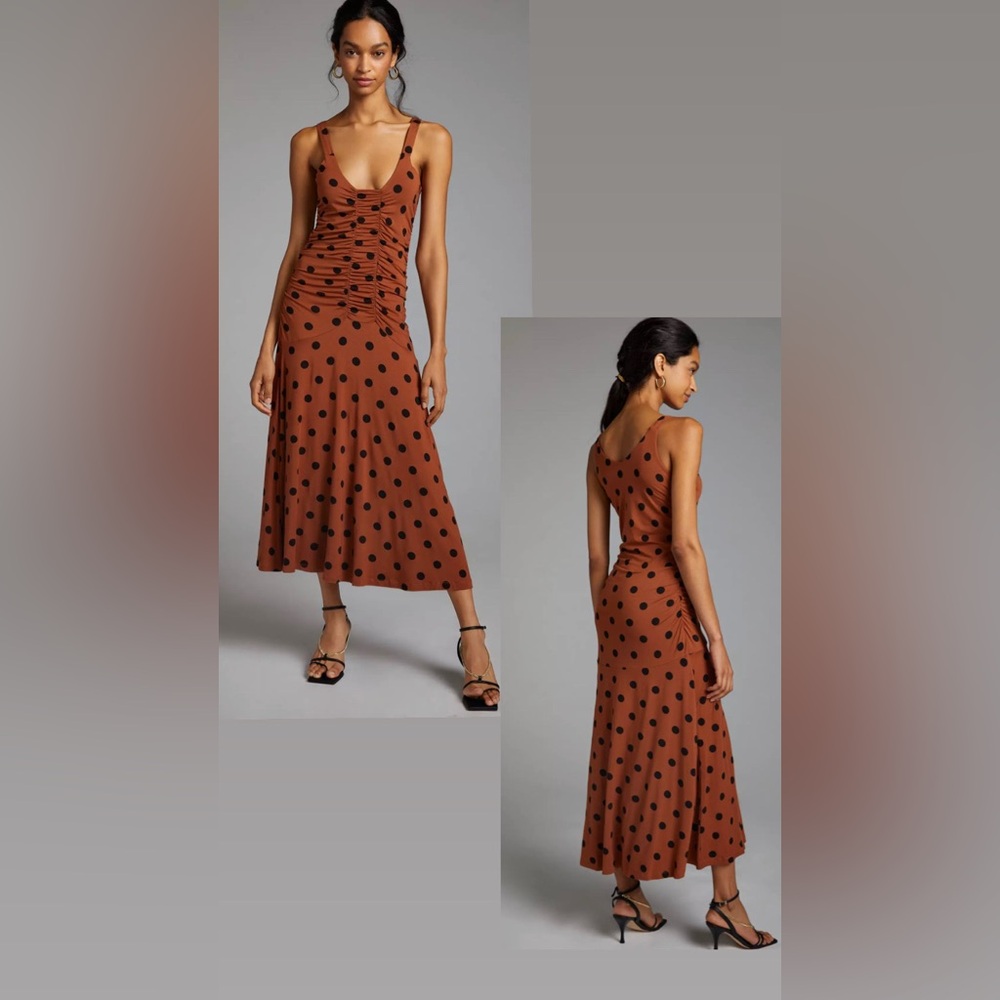 By Anthropologie Ruched Polka Dot Gathered Midi Dress Brown Plus Size XS…